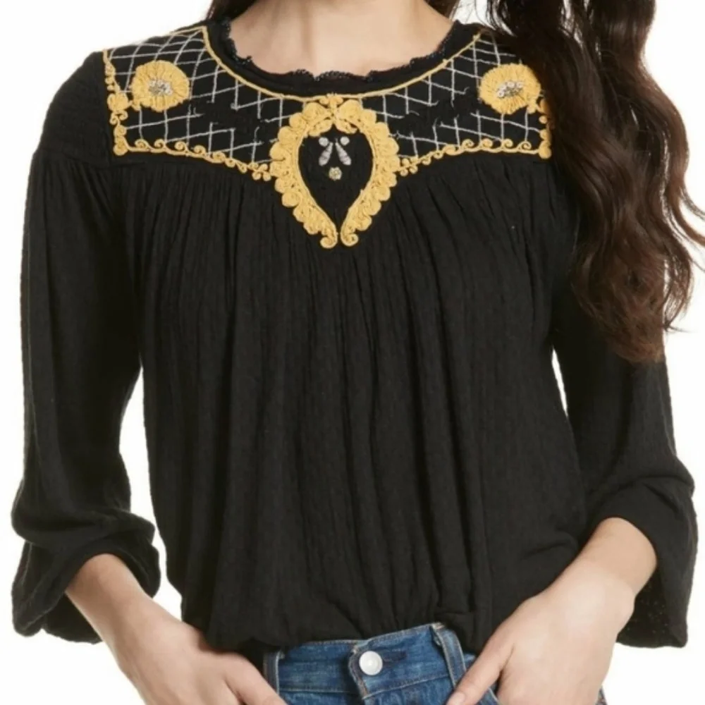 Free‎ People Begonia Black Embroidered Top M